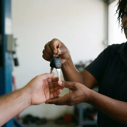 Gros plan sur les mains d'un mécanicien professionnel qui tend des clés de voiture à un client dans un atelier automobile.