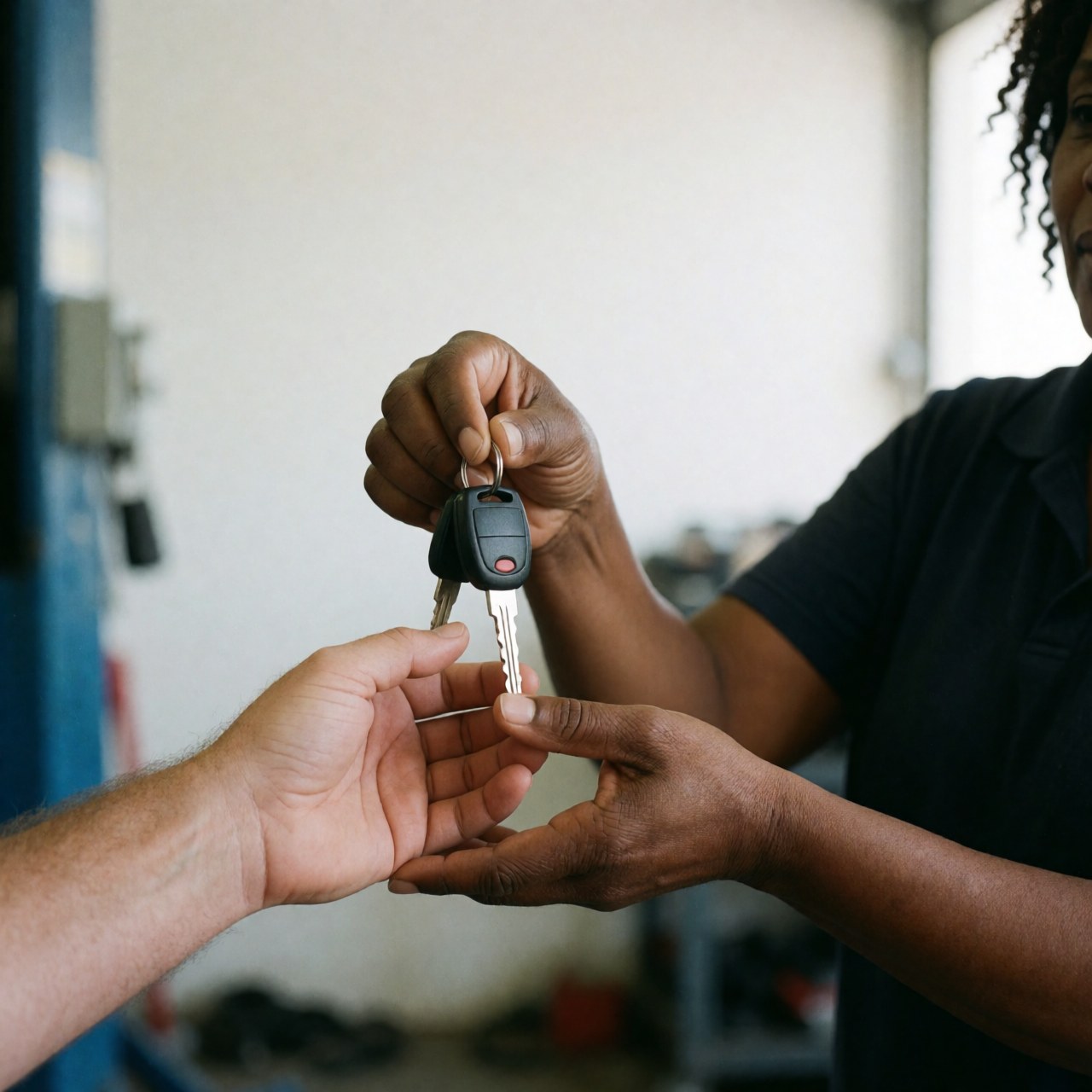 Gros plan sur les mains d'un mécanicien professionnel qui tend des clés de voiture à un client dans un atelier automobile.