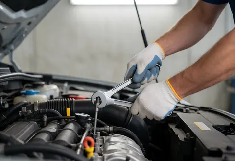 Un mécanicien portant des gants ajuste une vis sur le moteur d'une voiture dans un atelier lumineux avec des outils visibles en arrière-plan.