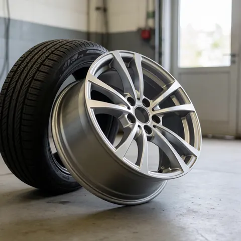 Une jante et un pneu neufs posés sur le sol en béton d'un atelier mécanique, éclairage naturel, esthétique professionnelle pour services de réparation automobile.