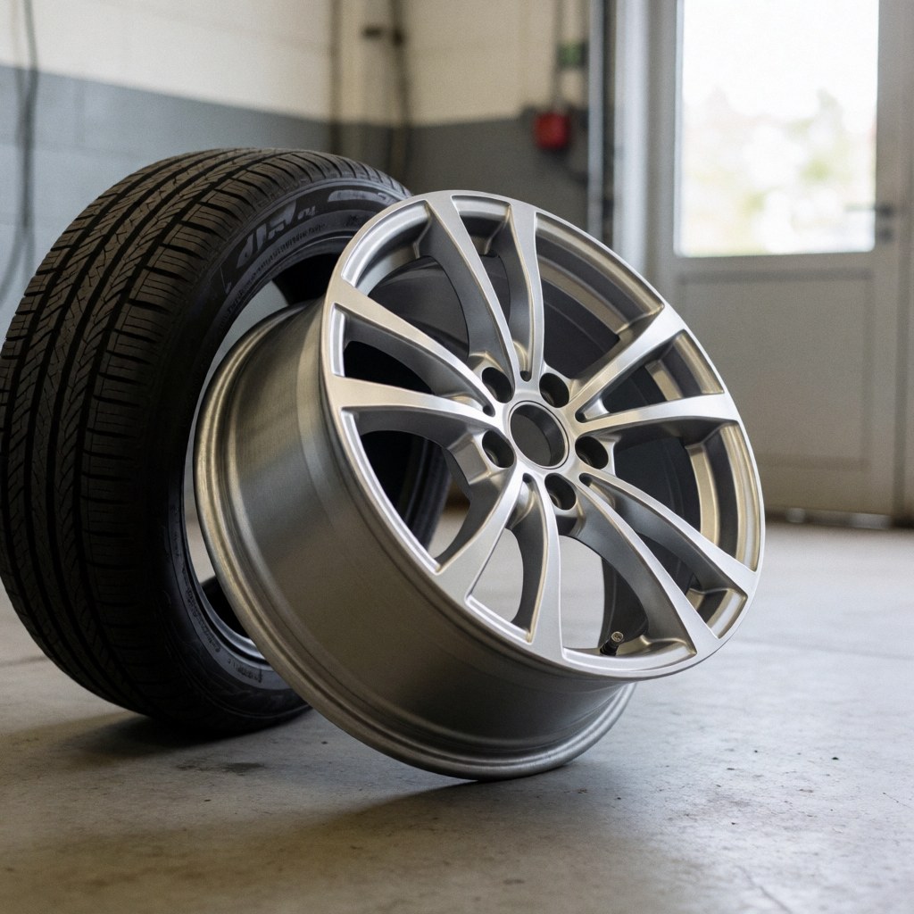 Une jante et un pneu neufs posés sur le sol en béton d'un atelier mécanique, éclairage naturel, esthétique professionnelle pour services de réparation automobile.