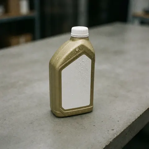 Bouteille en plastique contenant de l'huile moteur synthétique posée sur une surface grise avec des gouttes visibles et un arrière-plan flou.