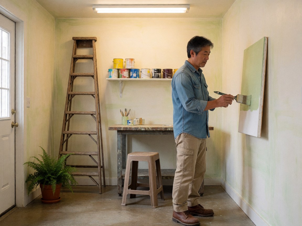 Gros plan sur des mains d'artisan tenant fermement un pinceau pour peindre, illustrant le travail manuel et la précision dans la décoration intérieure.