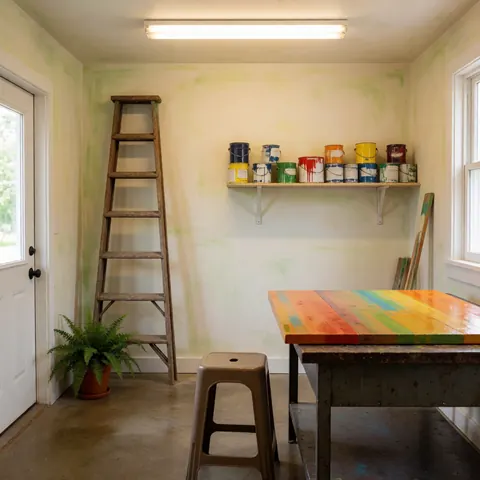 Vue d'un espace de travail avec des pots de peinture, une échelle, du bois et des plantes près d'une fenêtre laissant entrer la lumière naturelle.