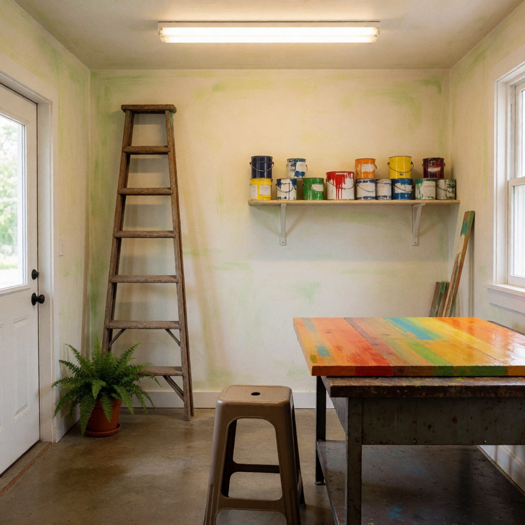 Vue d'un espace de travail avec des pots de peinture, une échelle, du bois et des plantes près d'une fenêtre laissant entrer la lumière naturelle.
