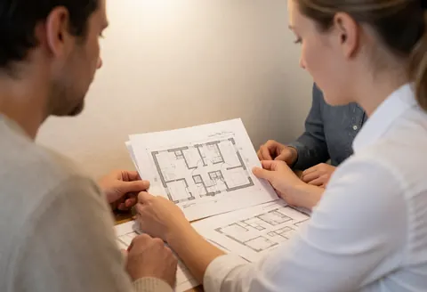 Examen de documents techniques et de plans sur une table en intérieur avec éclairage chaleureux.