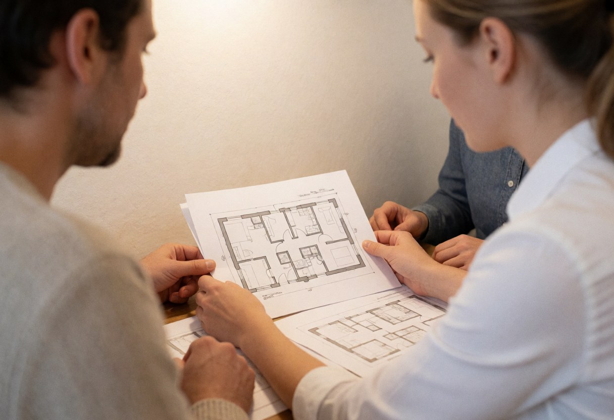 Examen de documents techniques et de plans sur une table en intérieur avec éclairage chaleureux.