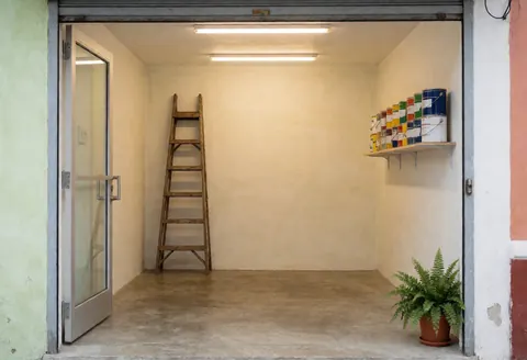 Entrée d'un atelier de peinture aux murs crème et sol en béton, équipée d'une échelle en bois, de pots colorés sur une étagère et d'une plante près de la porte.