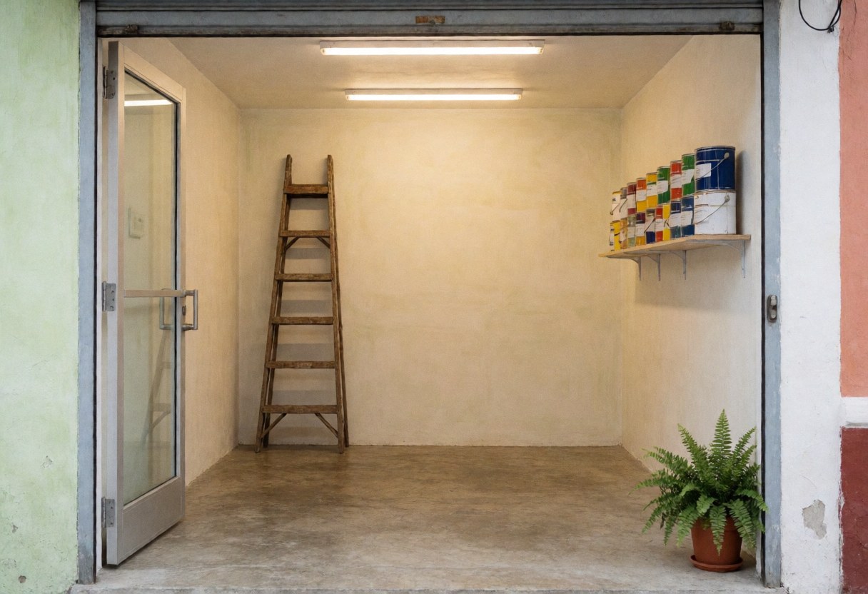 Entrée d'un atelier de peinture aux murs crème et sol en béton, équipée d'une échelle en bois, de pots colorés sur une étagère et d'une plante près de la porte.