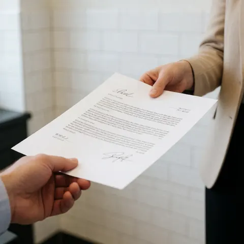 Vue rapprochée de mains signant un document important sur une surface blanche, symbolisant un partenariat commercial et la confiance entre partenaires.