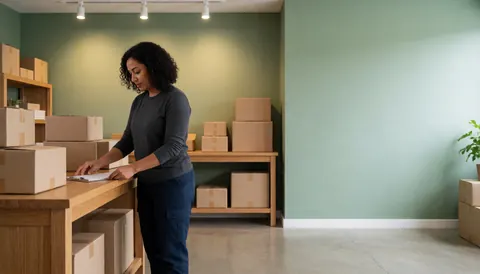 Une femme range des paquets sur une table en bois dans un espace de travail avec murs verts, sol poli et étagères remplies de cartons.