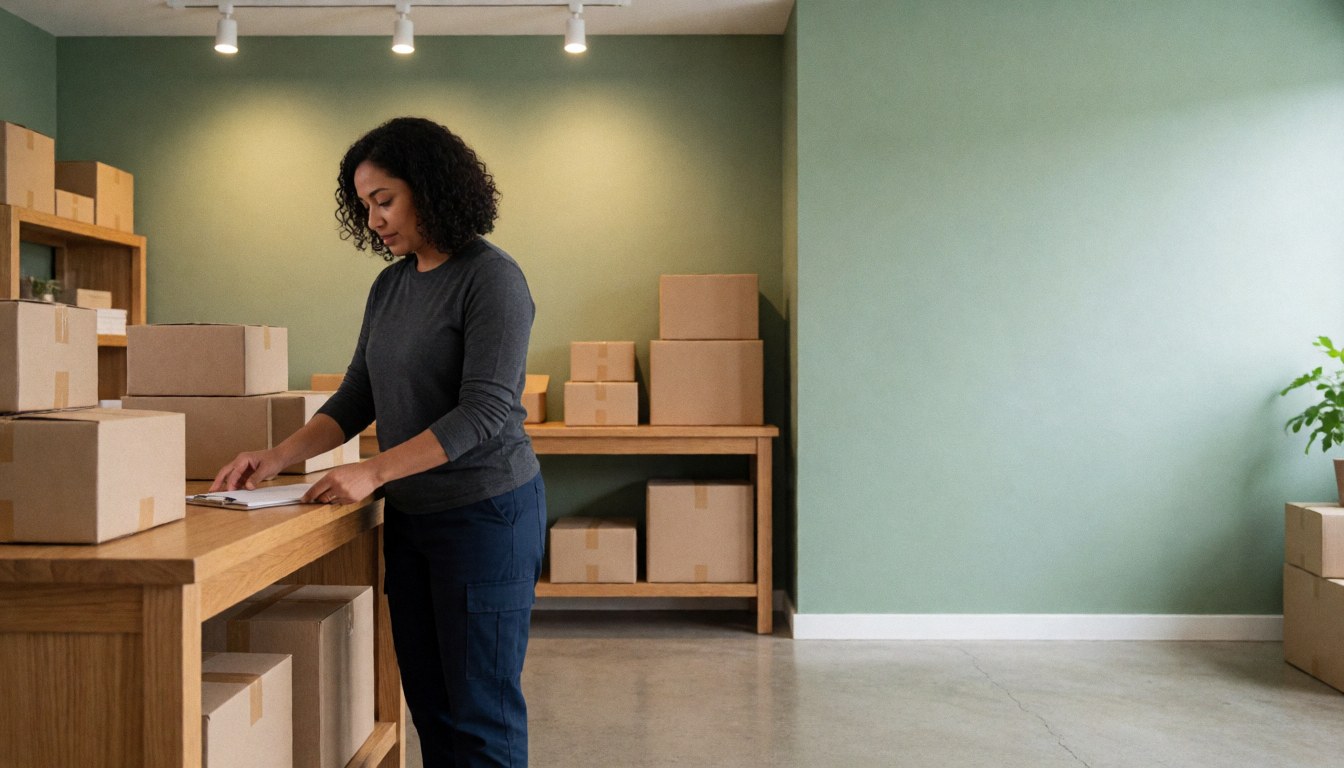 Une femme range des paquets sur une table en bois dans un espace de travail avec murs verts, sol poli et étagères remplies de cartons.