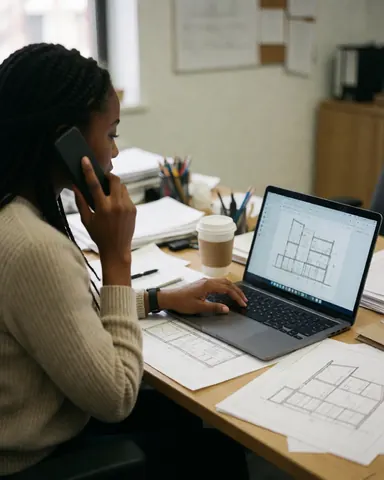 Une femme dirigeante travaille à son bureau avec un ordinateur portable, des plans architecturaux et un téléphone.