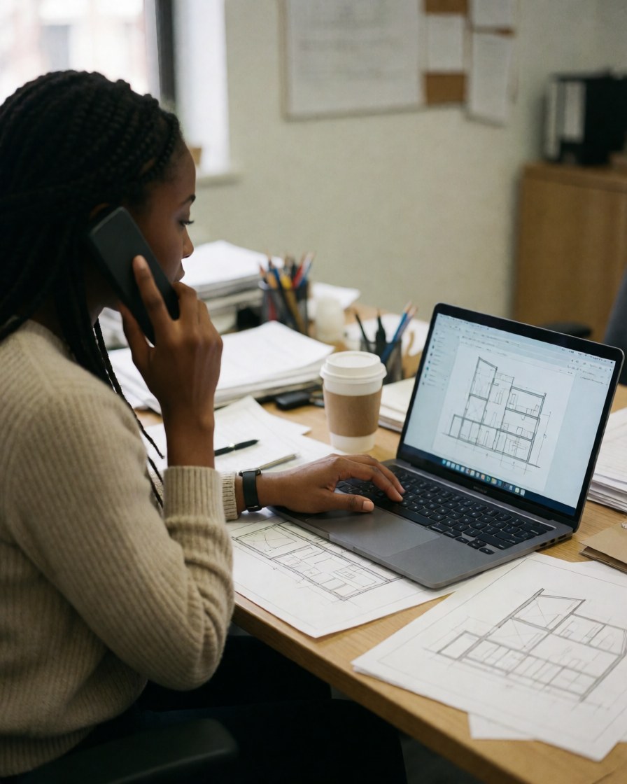 Une femme dirigeante travaille à son bureau avec un ordinateur portable, des plans architecturaux et un téléphone.