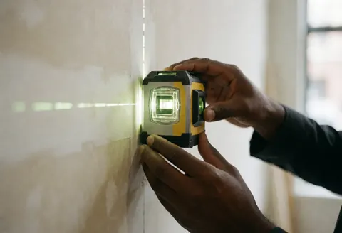 Un technicien utilise un niveau laser pour effectuer une mesure précise sur un mur lors d'un chantier intérieur, assurant l'alignement parfait des matériaux.