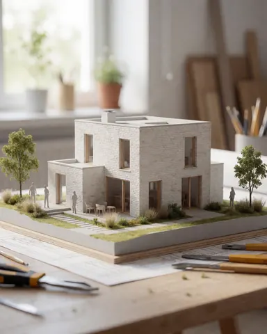 Maquette détaillée d'une maison moderne avec murs en briques blanches, jardin, arbres et outils de design sur une table.