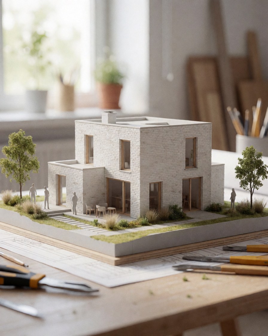 Maquette détaillée d'une maison moderne avec murs en briques blanches, jardin, arbres et outils de design sur une table.