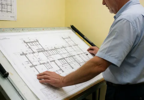 Un architecte professionnel examine un plan architectural sur une table de dessin dans un bureau lumineux aux murs jaunes.