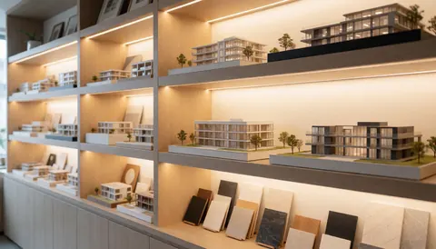 Étagère présentant des maquettes d'immeubles modernes et des échantillons de matériaux pour l'aménagement intérieur, avec un éclairage chaleureux et un arrière-plan flou adapté au texte.