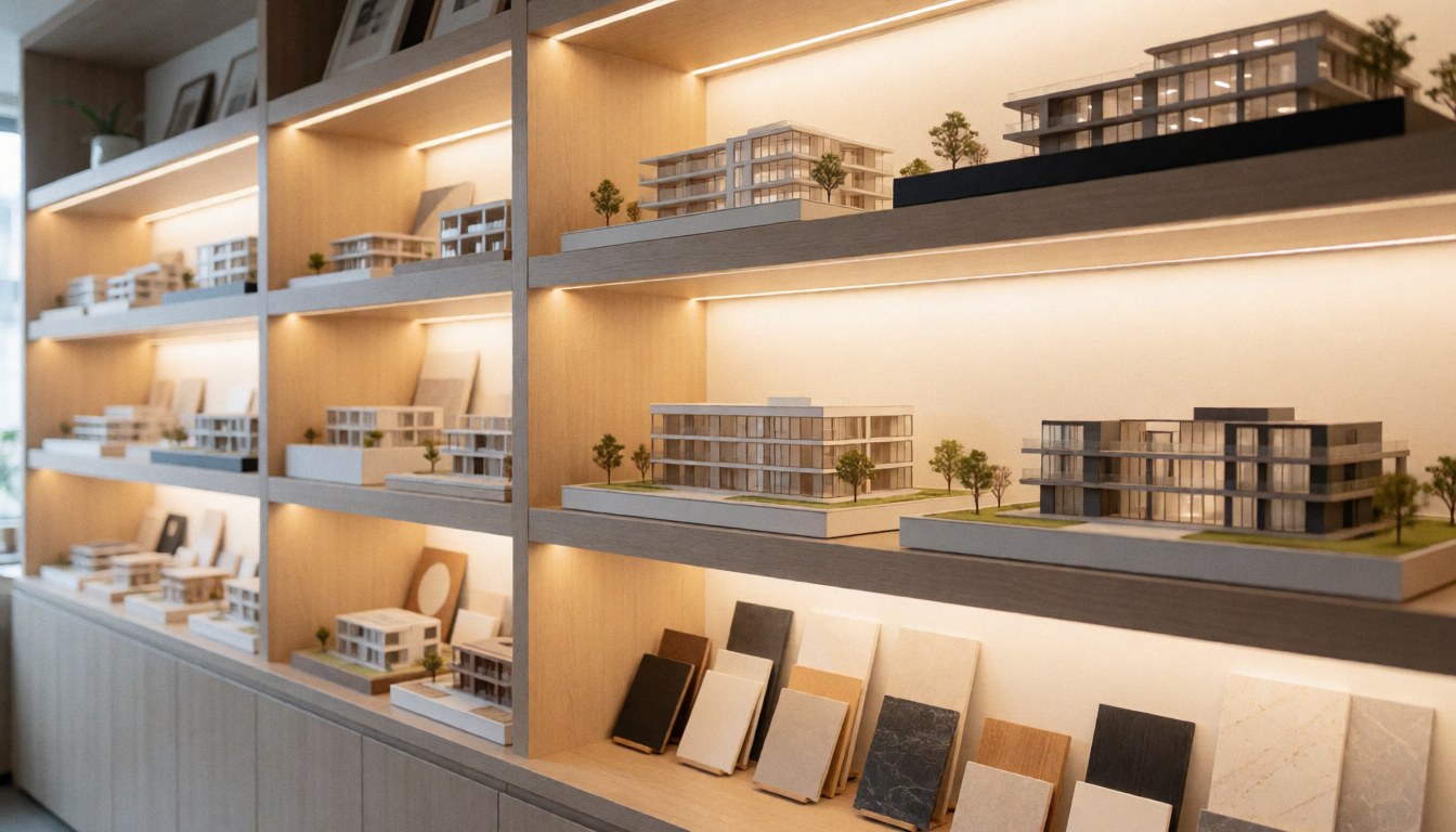Étagère présentant des maquettes d'immeubles modernes et des échantillons de matériaux pour l'aménagement intérieur, avec un éclairage chaleureux et un arrière-plan flou adapté au texte.