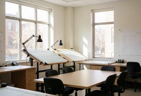 Espace de travail architectural lumineux avec tables à dessin, chaises et grandes fenêtres offrant une ambiance calme et professionnelle pour la conception.