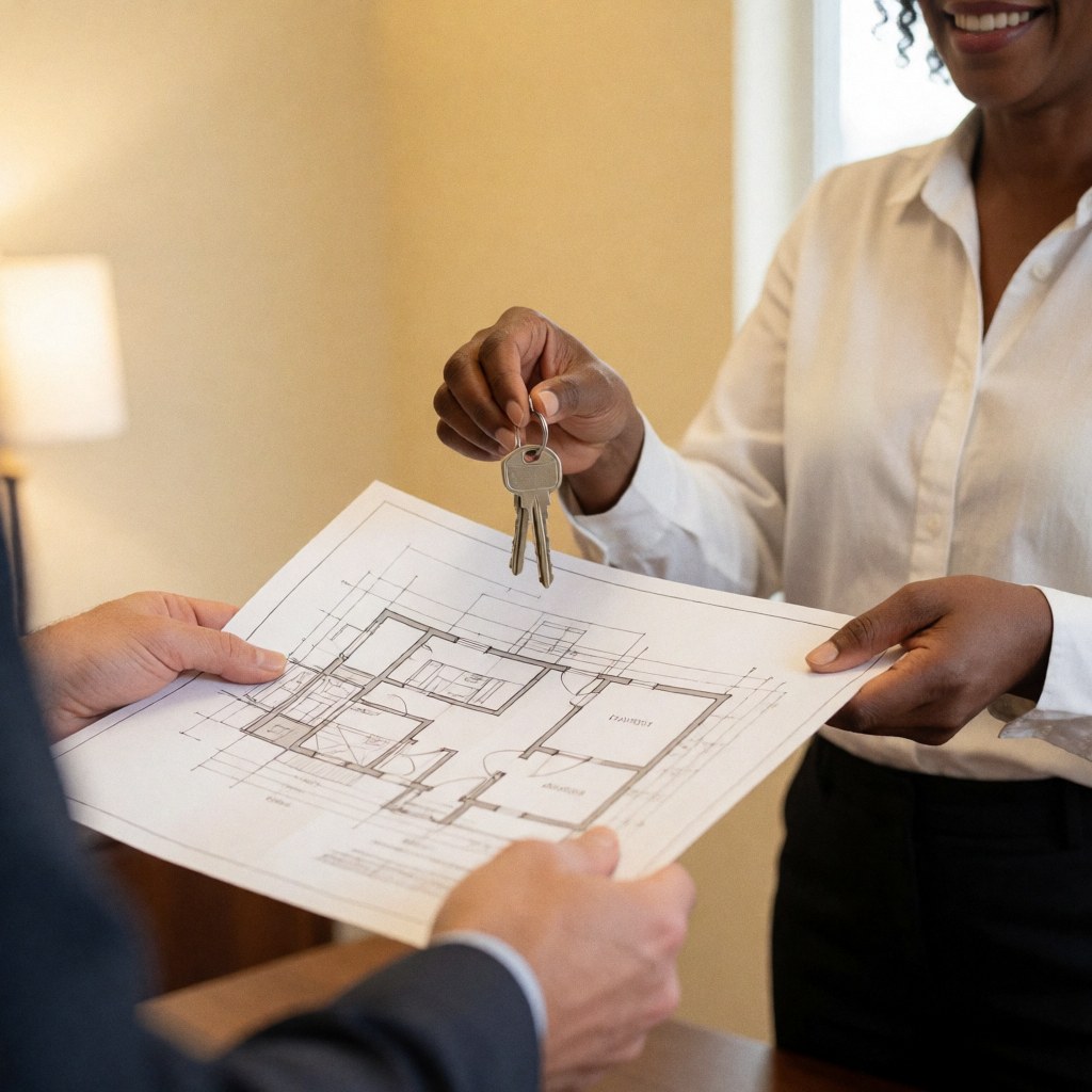 Un architecte remet les clés et les documents du projet à un client dans son bureau, symbolisant la fin de la construction.