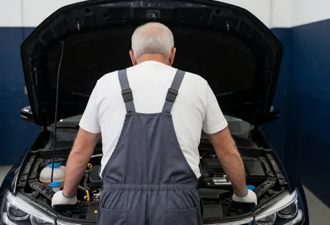 Un mécanicien professionnel effectue un diagnostic sur le moteur d'un véhicule dans un atelier de réparation.