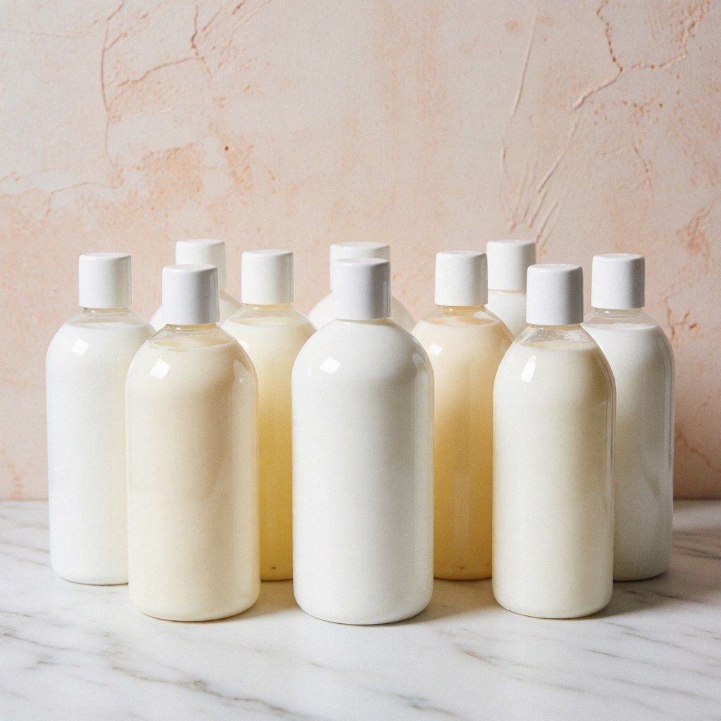 Deux bouteilles contenant des liquides blancs et jaunes pour animaux, posées sur une surface en marbre blanc avec un fond murale terracotta clair.
