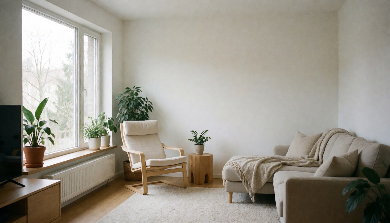 Salon moderne avec meubles en bois, plantes vertes et lumière naturelle par la fenêtre. Idéal pour architectes et designers.