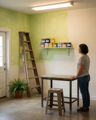 Une cliente souriante admire le résultat d'un mur fraîchement peint dans un atelier avec une échelle et des outils.