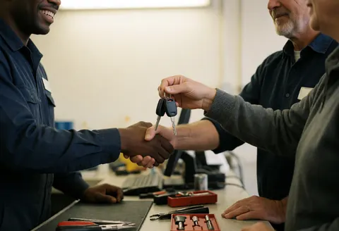 Un mécanicien remet les clés à un client satisfait dans un atelier automobile professionnel.