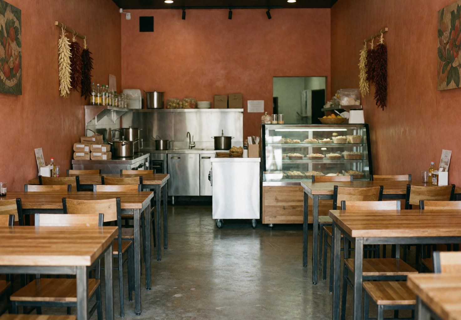 Intérieur d'un restaurant avec tables en bois, chaises et murs couleur terre cuite, prêt à accueillir les clients.