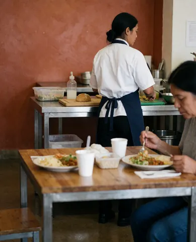 Une cliente souriante savoure son repas dans un restaurant aux tons chauds et à l'ambiance conviviale.