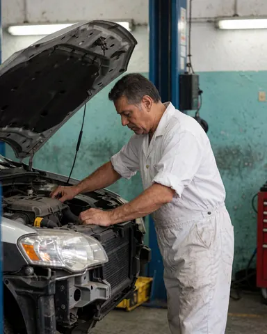 Un mécanicien professionnel en tenue de travail examine ou répare le moteur d'un véhicule dans un atelier automobile.