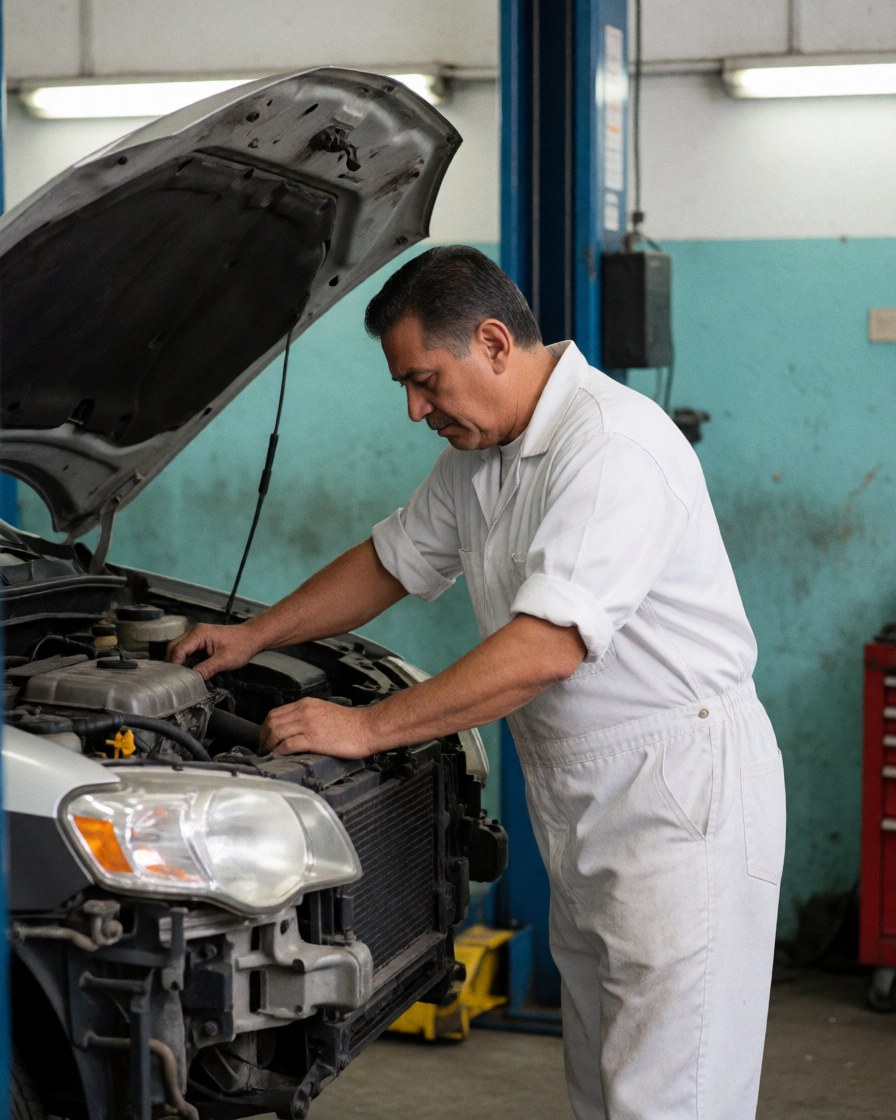 Un mécanicien professionnel en tenue de travail examine ou répare le moteur d'un véhicule dans un atelier automobile.