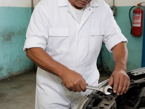 Mécanicien en atelier réparant une voiture avec une clé, murs teal, extincteur rouge en arrière-plan, mains tachées de graisse.