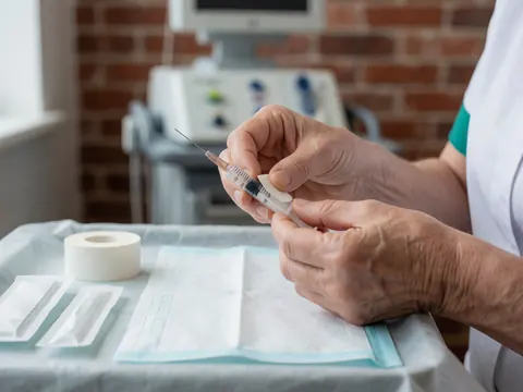 Gros plan sur des mains gantées manipulant une seringue stérile posée sur un plateau médical, dans un contexte clinique professionnel.