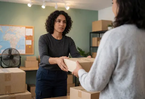 Une femme remet un paquet à un client dans un espace de travail professionnel avec des cartons, une carte murale et un ventilateur en arrière-plan.