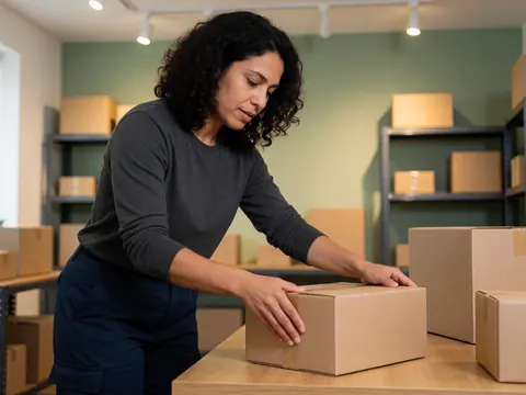 Une femme emballe une boîte en carton sur une table en bois dans un bureau d'expédition avec des étagères et une lumière chaude.