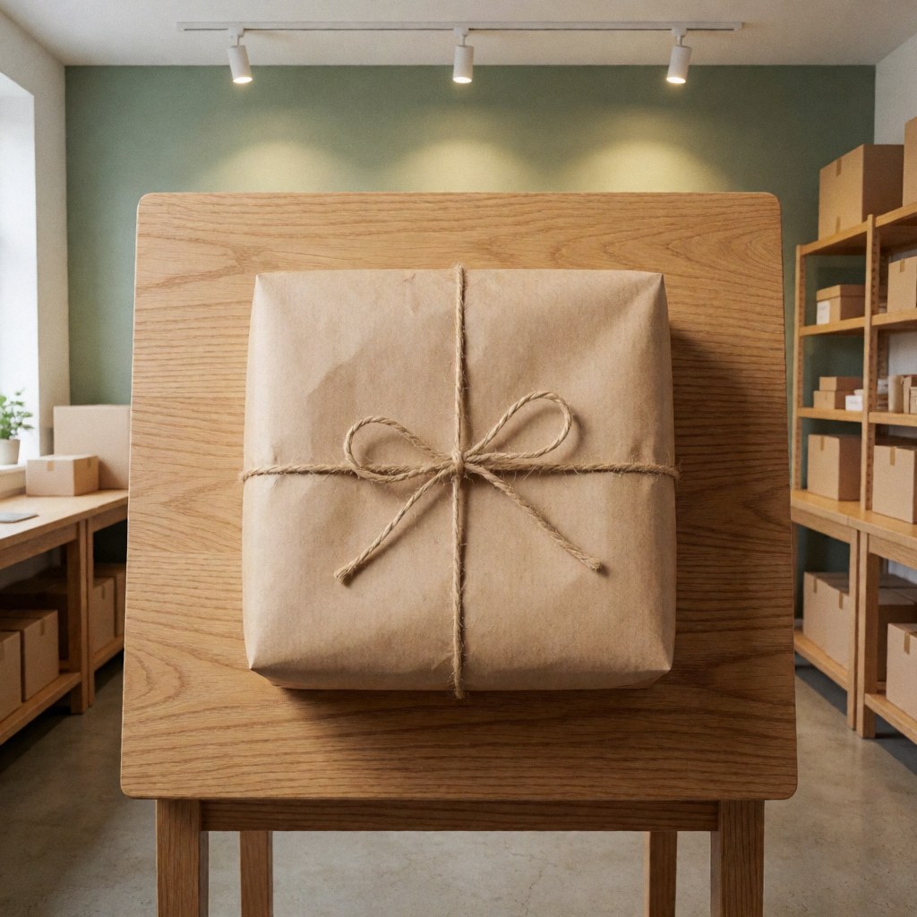 Un colis soigneusement emballé avec du papier kraft et de la corde, posé sur une table en bois pour l'expédition.