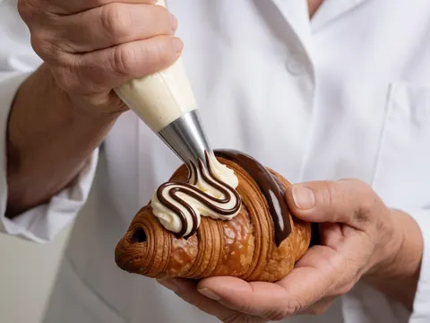 Gâteau au chocolat décoré avec du glaçage brillant sur un fond blanc pour une présentation élégante de pâtisserie artisanale.