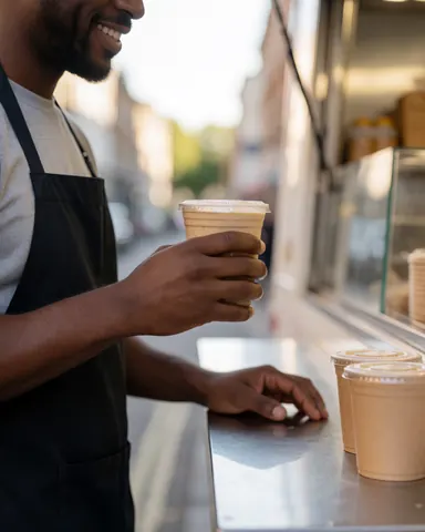 Une cliente souriante tient une boisson dans sa main, probablement un milkshake, devant un food truck.