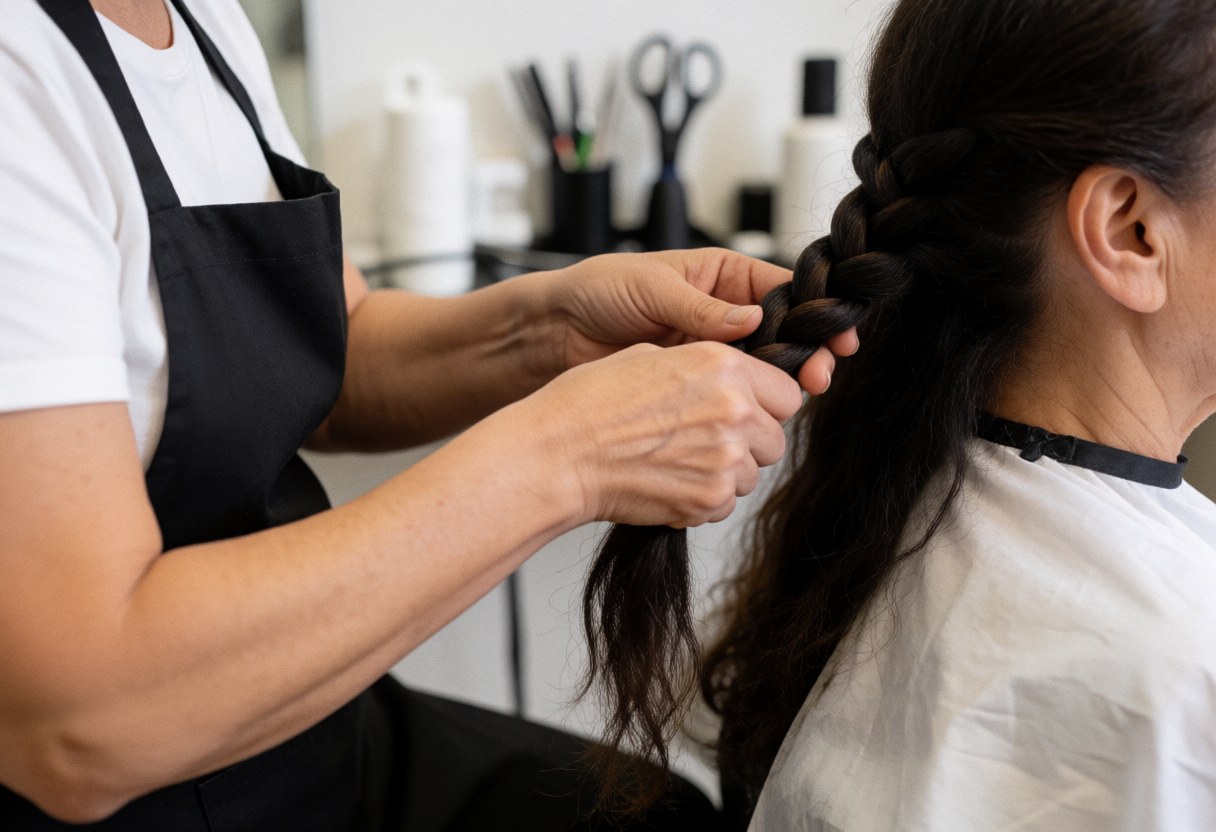 Mains d'un professionnel tressant les cheveux d'une cliente avec des outils de coiffure, sur fond flou.