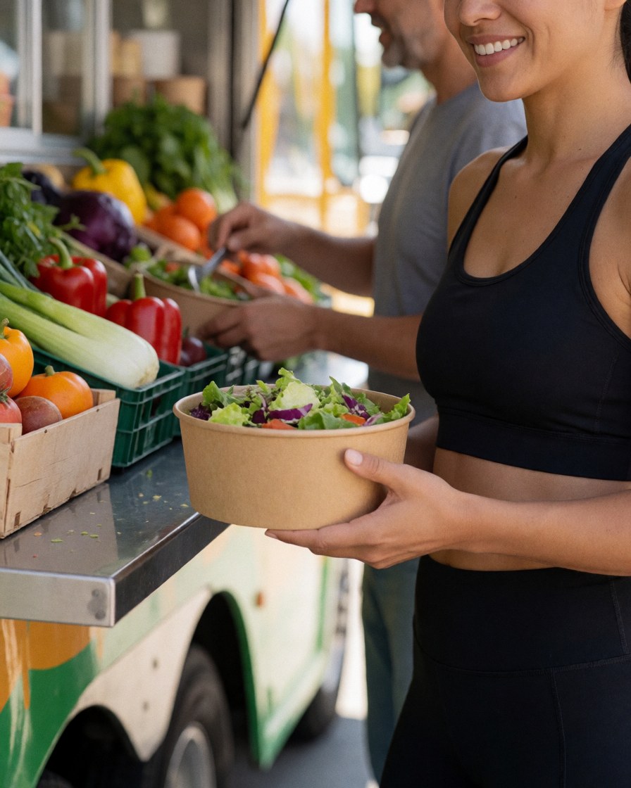 Une femme tient un contenant de salade fraîche dans ses mains.