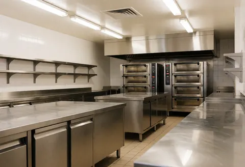 Intérieur d'une cuisine de boulangerie commerciale vide, équipée de tables en acier inoxydable et d'éclairage fluorescent.