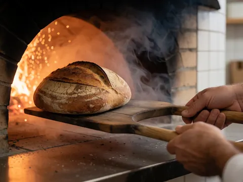 Un boulanger sort un pain d'un four en briques avec une pelle en bois. La fumée et les flammes sont visibles, mettant en valeur la texture de la croûte sous une lumière chaude.