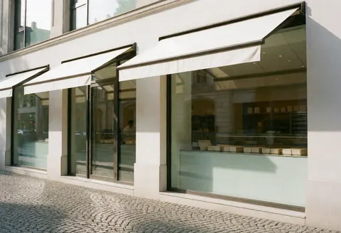 Façade de boulangerie contemporaine dotée de grandes baies vitrées, d'auvents blancs et d'une rue pavée, baignée par la lumière du matin dans un style épuré et minimaliste.