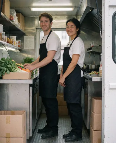 Deux employés souriants près d'un food truck avec des légumes frais et une cuisine visible prêts à servir.