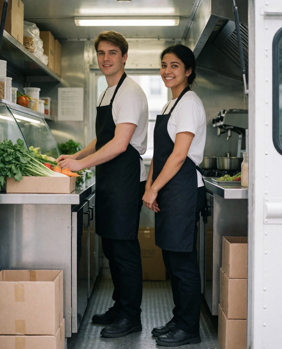 Deux employés souriants près d'un food truck avec des légumes frais et une cuisine visible prêts à servir.
