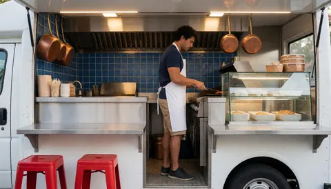 Un cuisinier travaille dans un food truck avec un comptoir en acier inoxydable, des chaises rouges, des casseroles suspendues et une vitrine contenant de la nourriture prête à être servie.